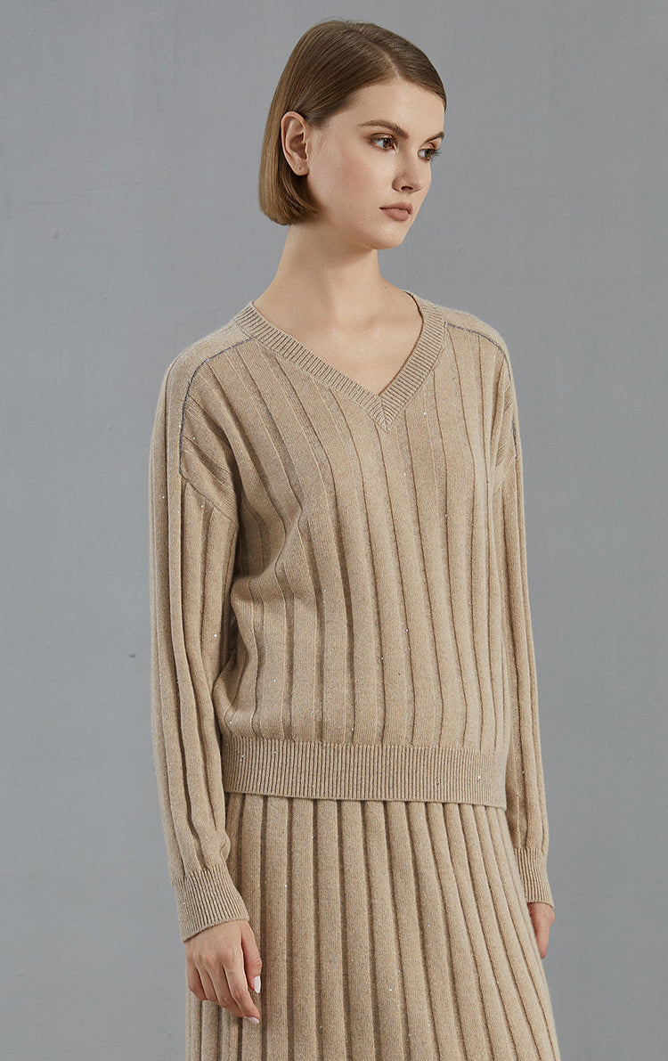 Saf Kaşmir V Yaka Ribanalı Kazak