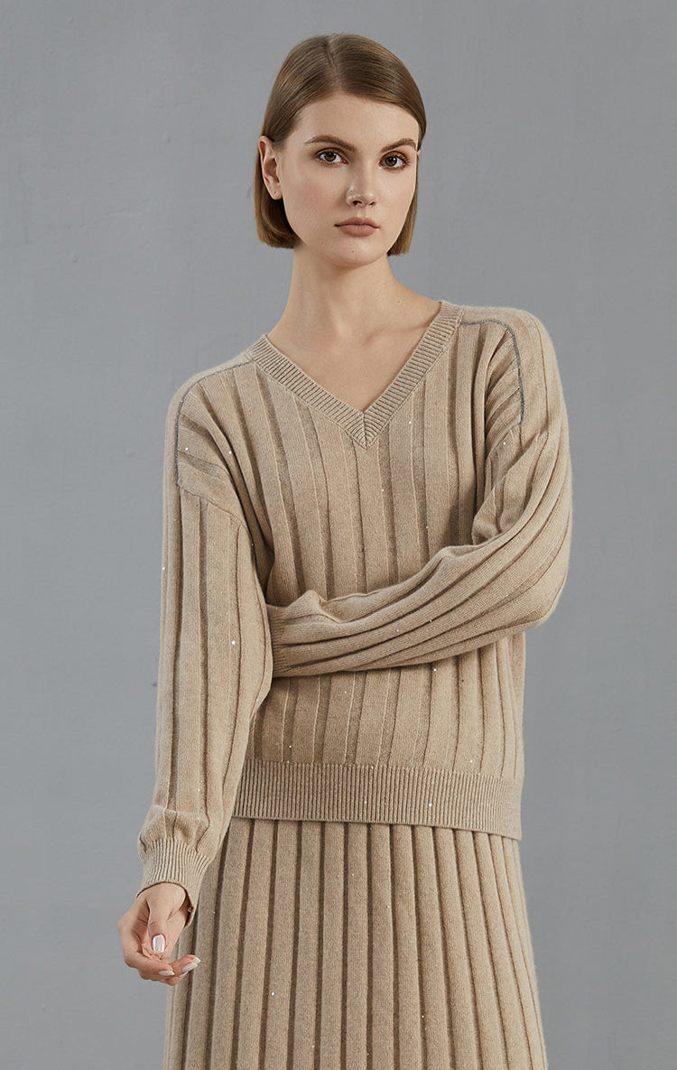 Saf Kaşmir V Yaka Ribanalı Kazak