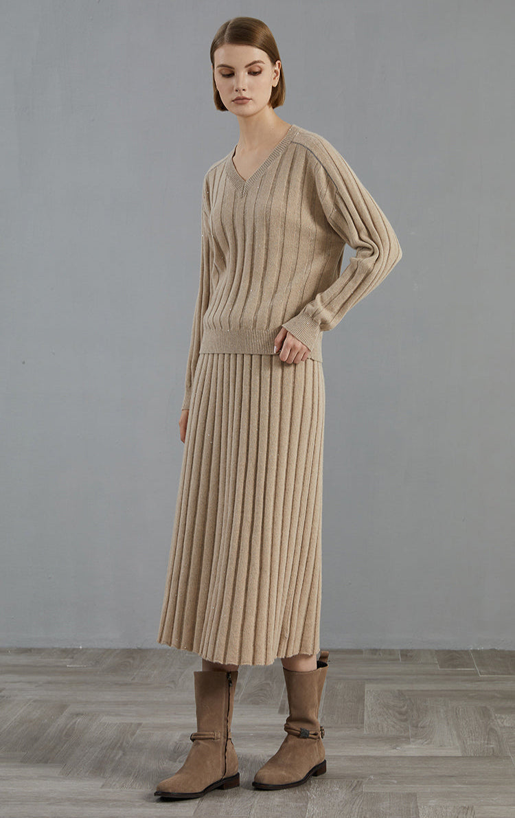 Saf Kaşmir V Yaka Ribanalı Kazak