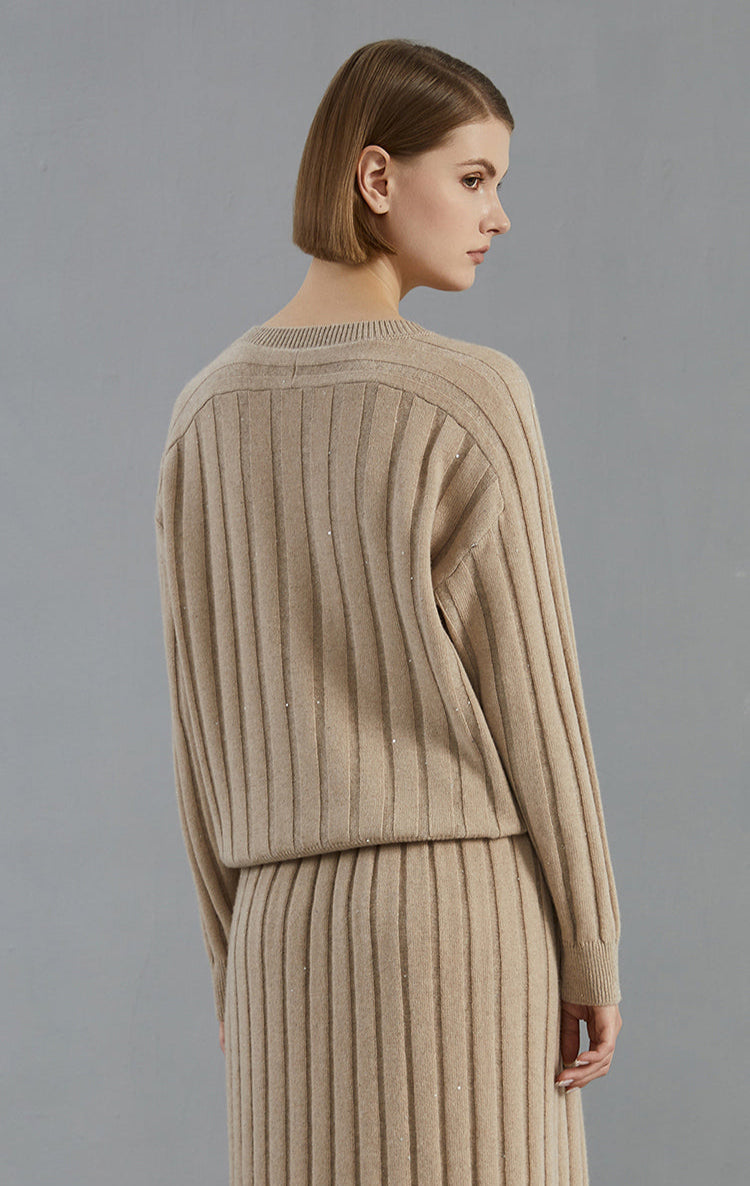 Saf Kaşmir V Yaka Ribanalı Kazak