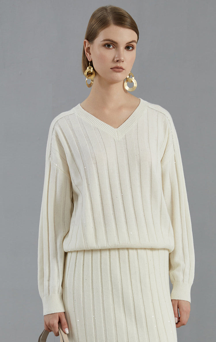 Saf Kaşmir V Yaka Ribanalı Kazak