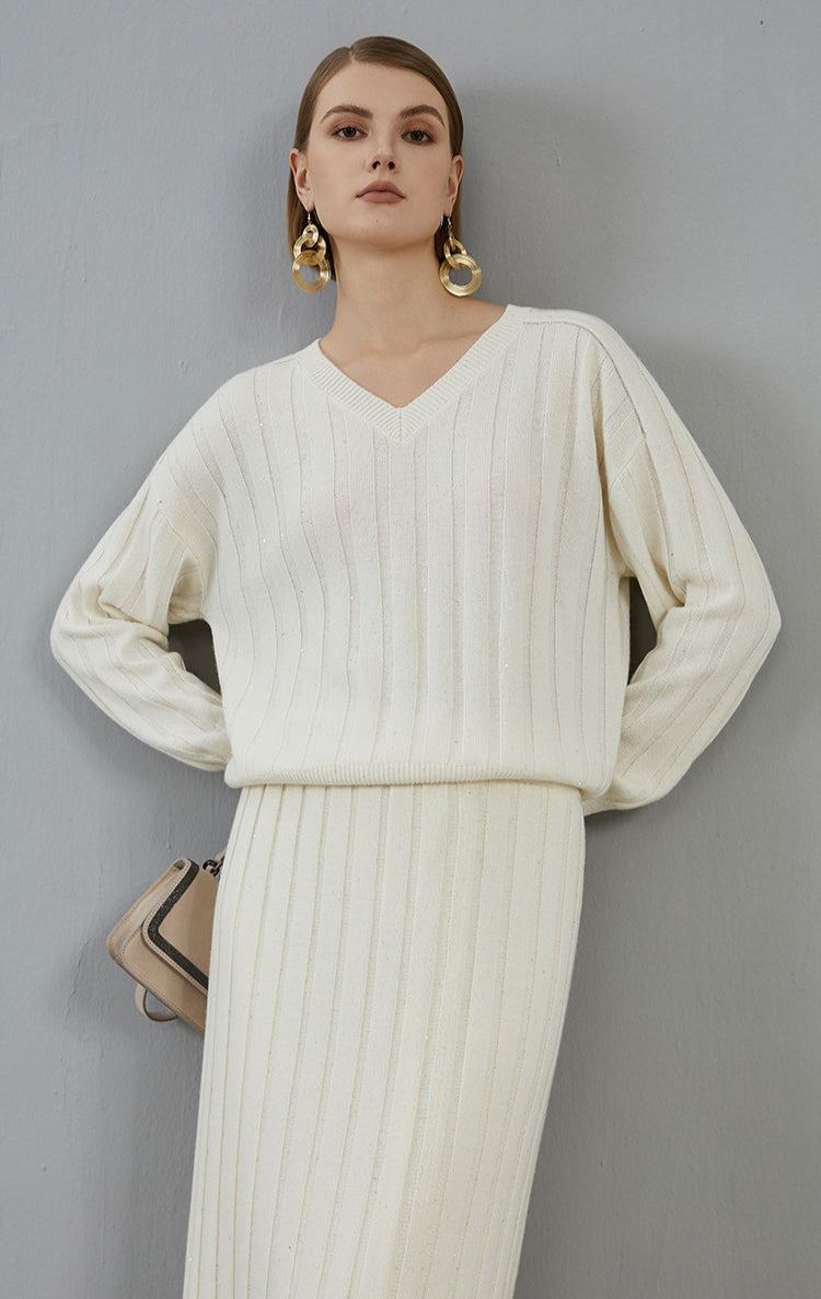 Saf Kaşmir V Yaka Ribanalı Kazak