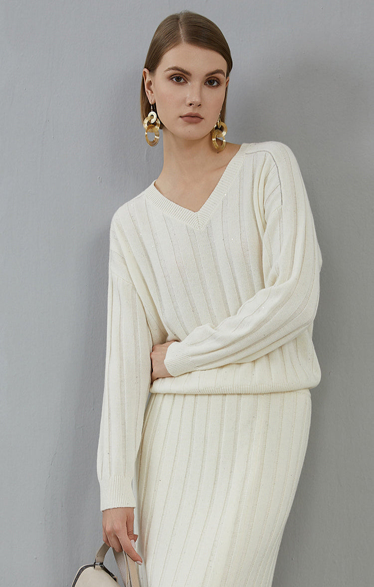 Saf Kaşmir V Yaka Ribanalı Kazak