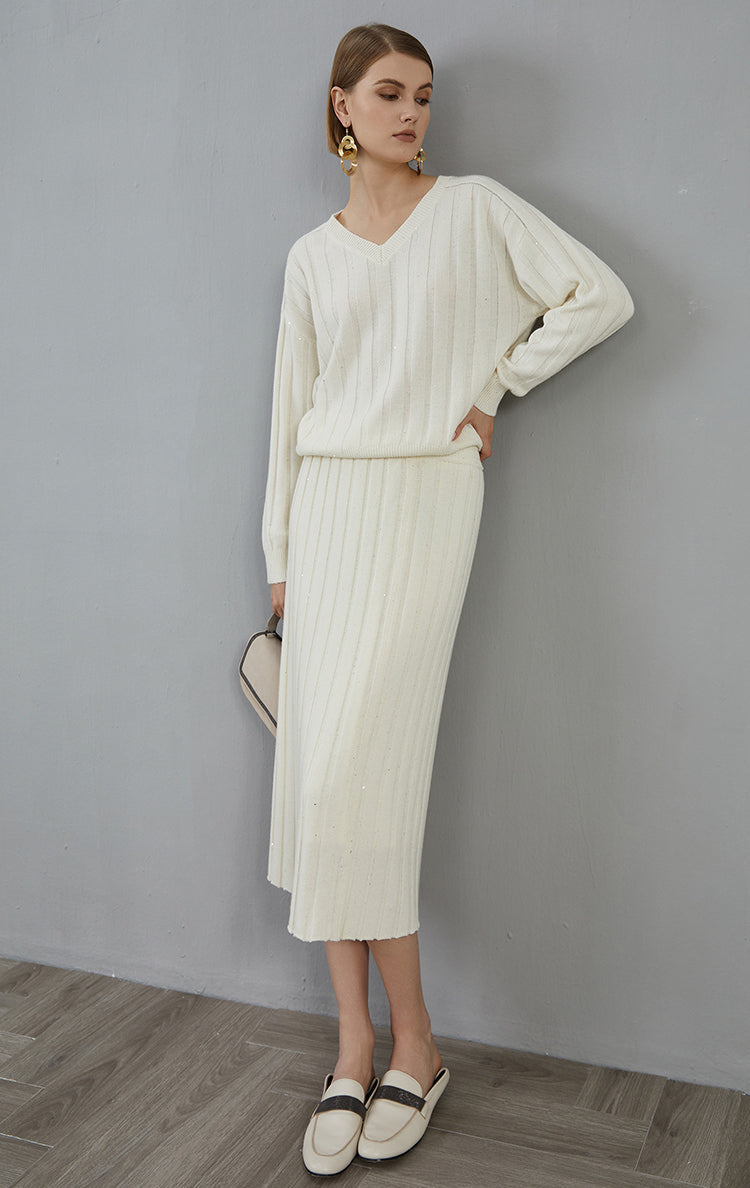 Saf Kaşmir V Yaka Ribanalı Kazak