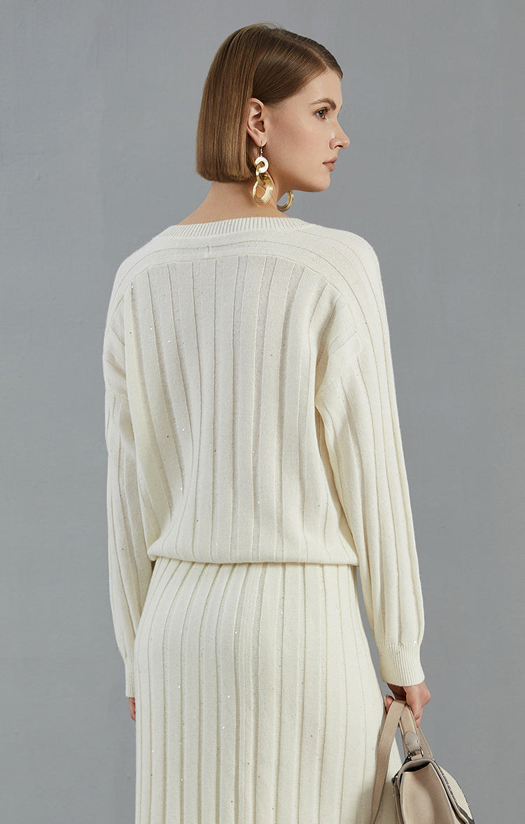 Saf Kaşmir V Yaka Ribanalı Kazak