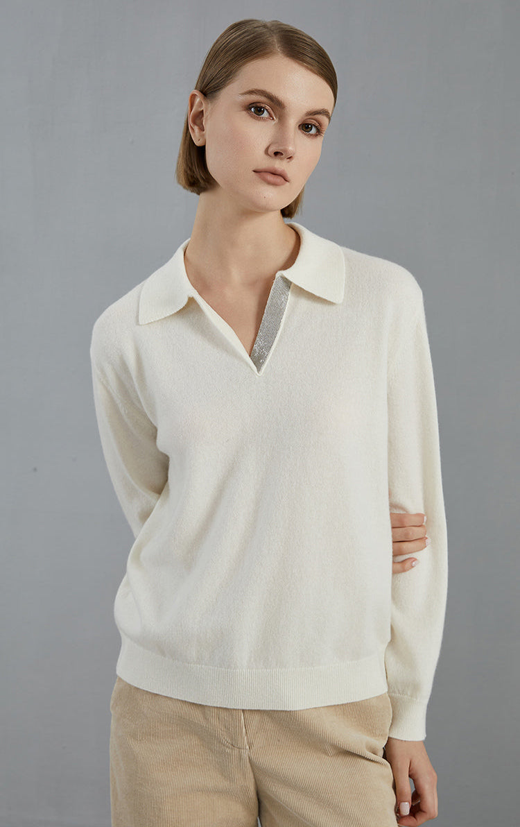 Saf Kaşmir Polo Yaka Kazak