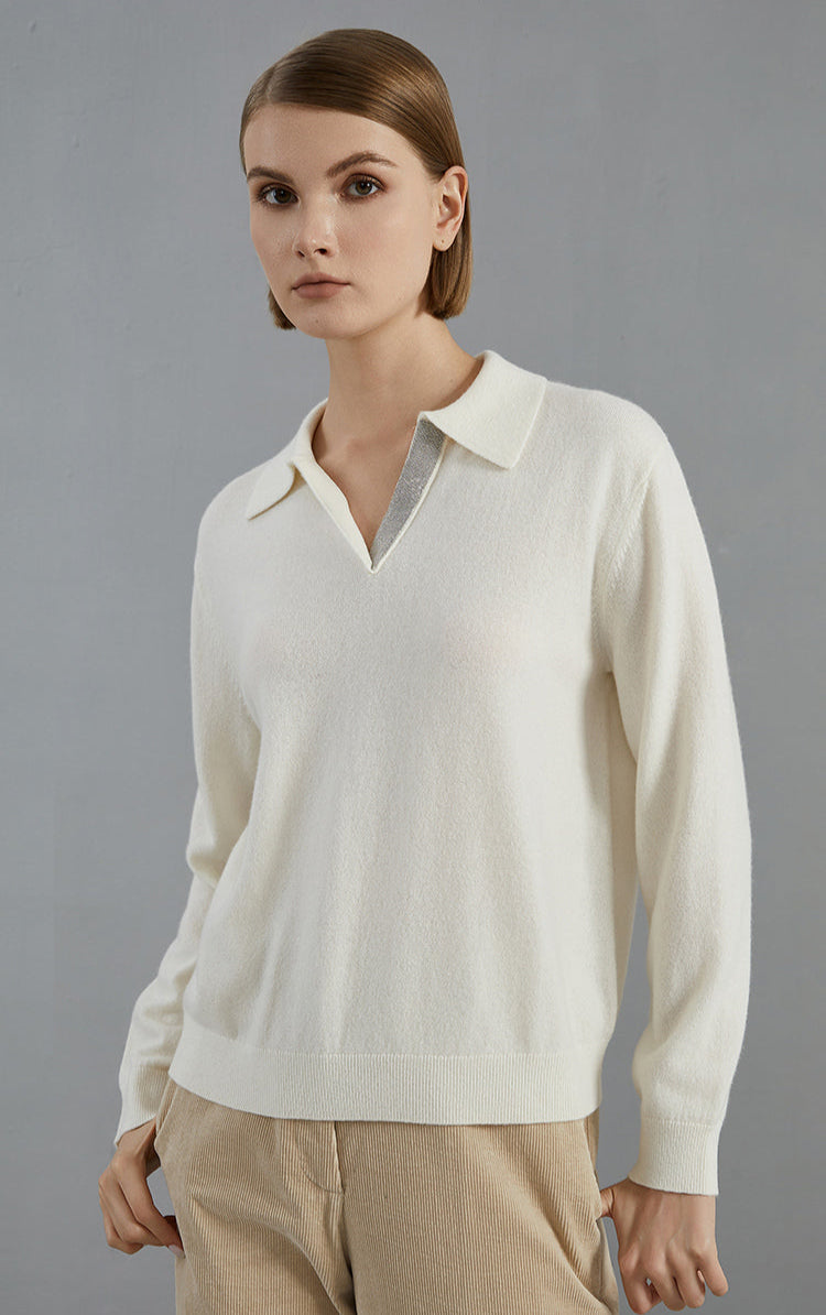 Saf Kaşmir Polo Yaka Kazak