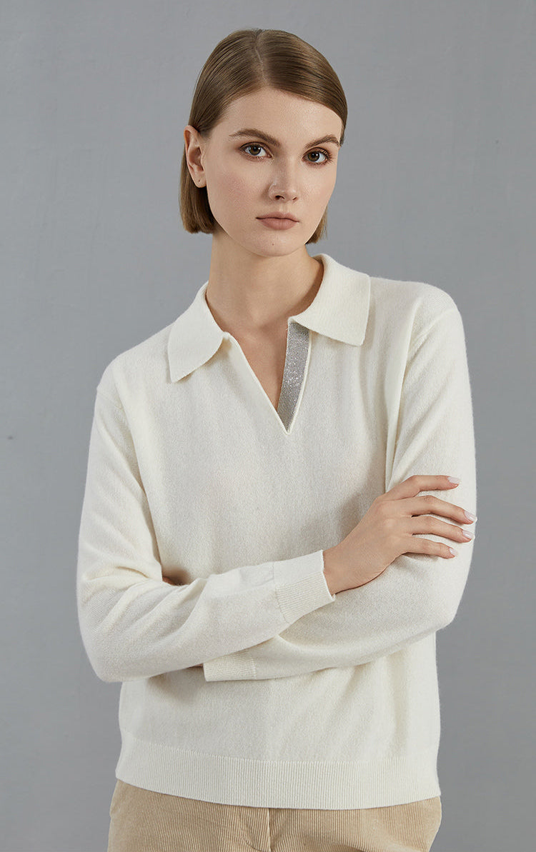 Saf Kaşmir Polo Yaka Kazak