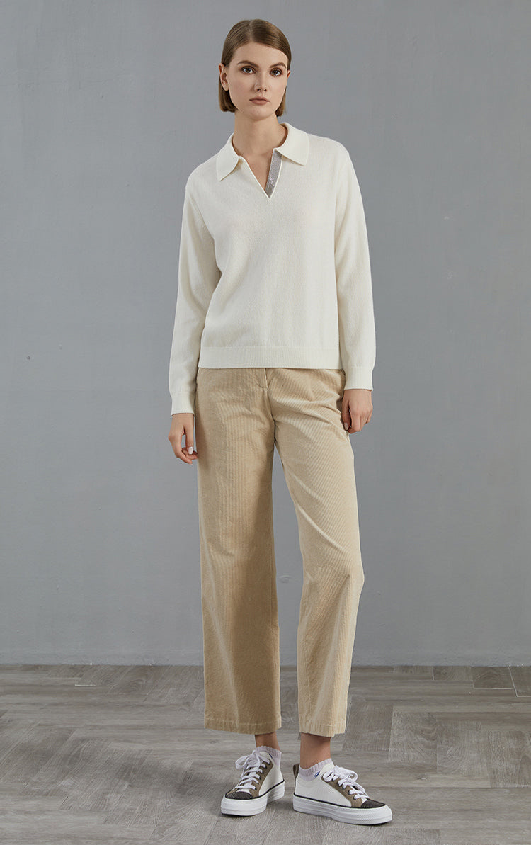 Saf Kaşmir Polo Yaka Kazak