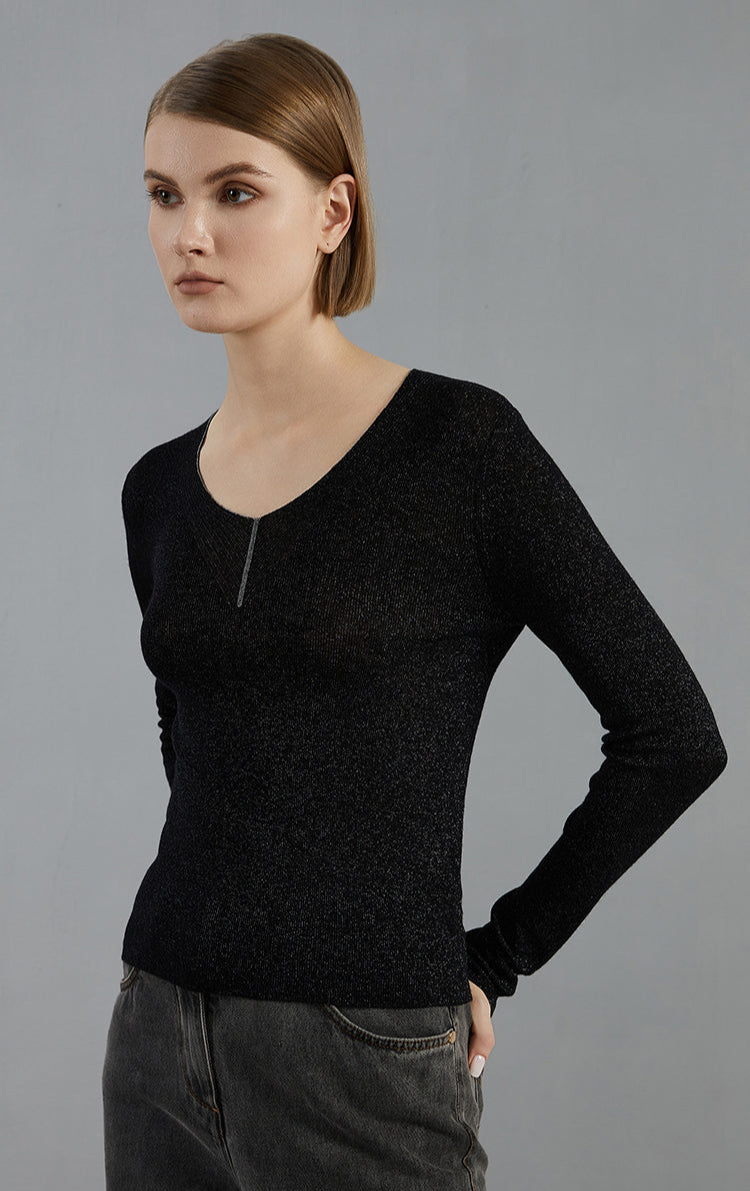 Yün İnce Örgü V Yaka Süveter
