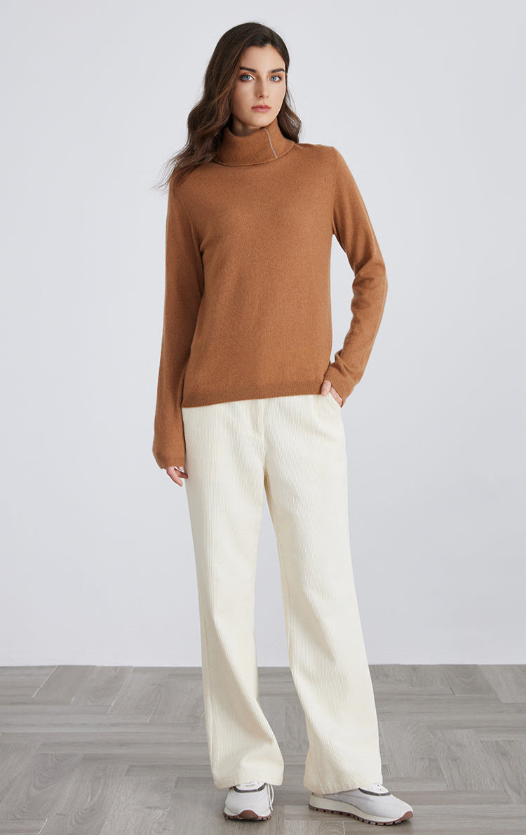 Saf Kaşmir Nervürlü Balıkçı Yaka Kazak