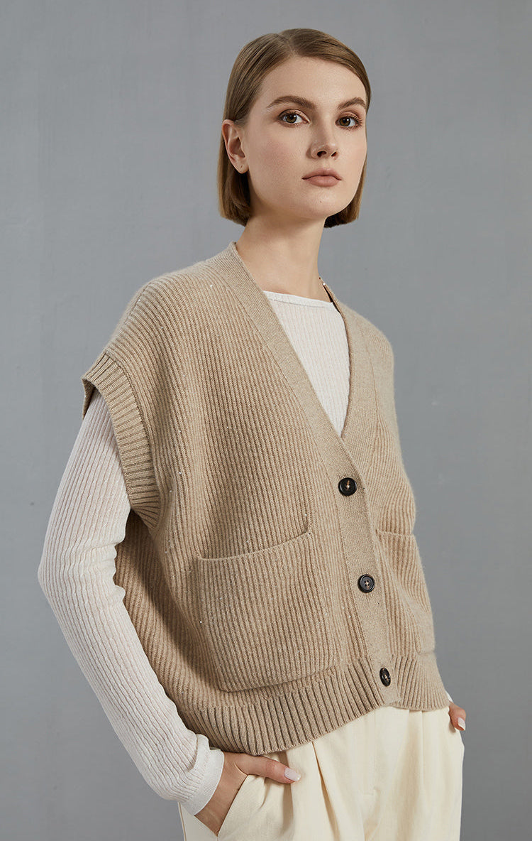 Saf Kaşmir Düğmeli Kolsuz Yelek