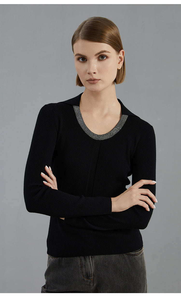 Merino Yünü Metalik Yaka Örgü Tişört