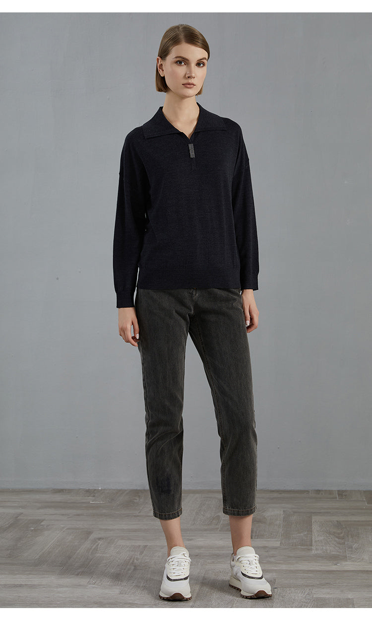 Merino Yünü Metalik Yaka Örgü Tişört