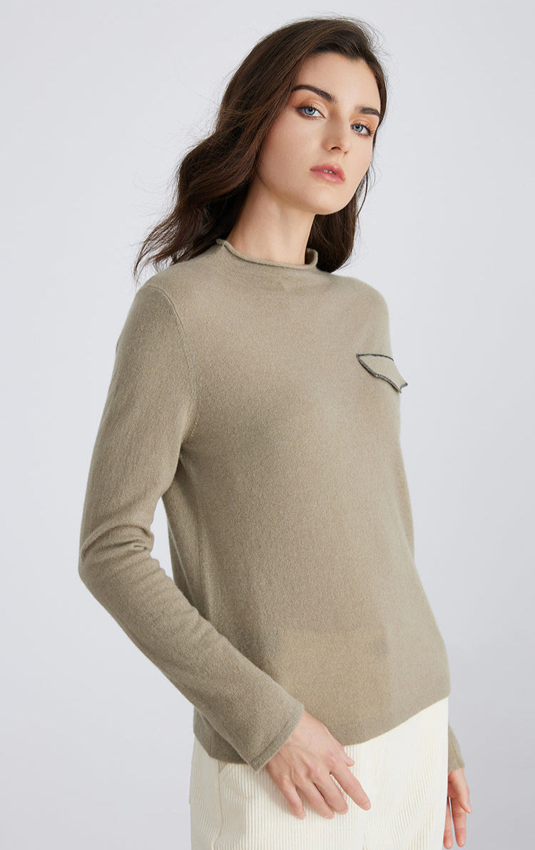 Saf Kaşmir Cep Detaylı Bisiklet Yaka Kazak