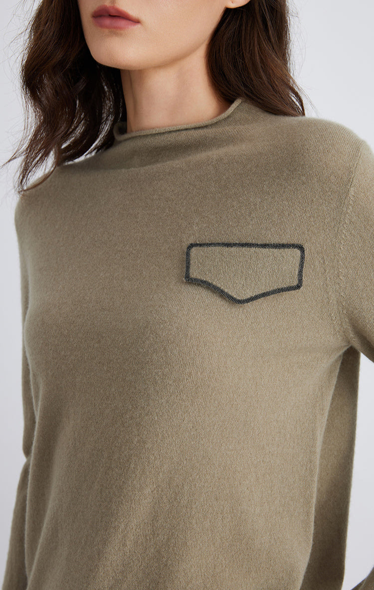 Saf Kaşmir Cep Detaylı Bisiklet Yaka Kazak