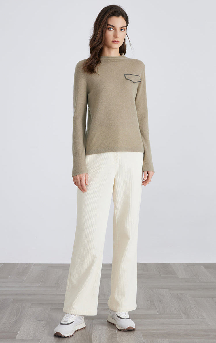 Saf Kaşmir Cep Detaylı Bisiklet Yaka Kazak