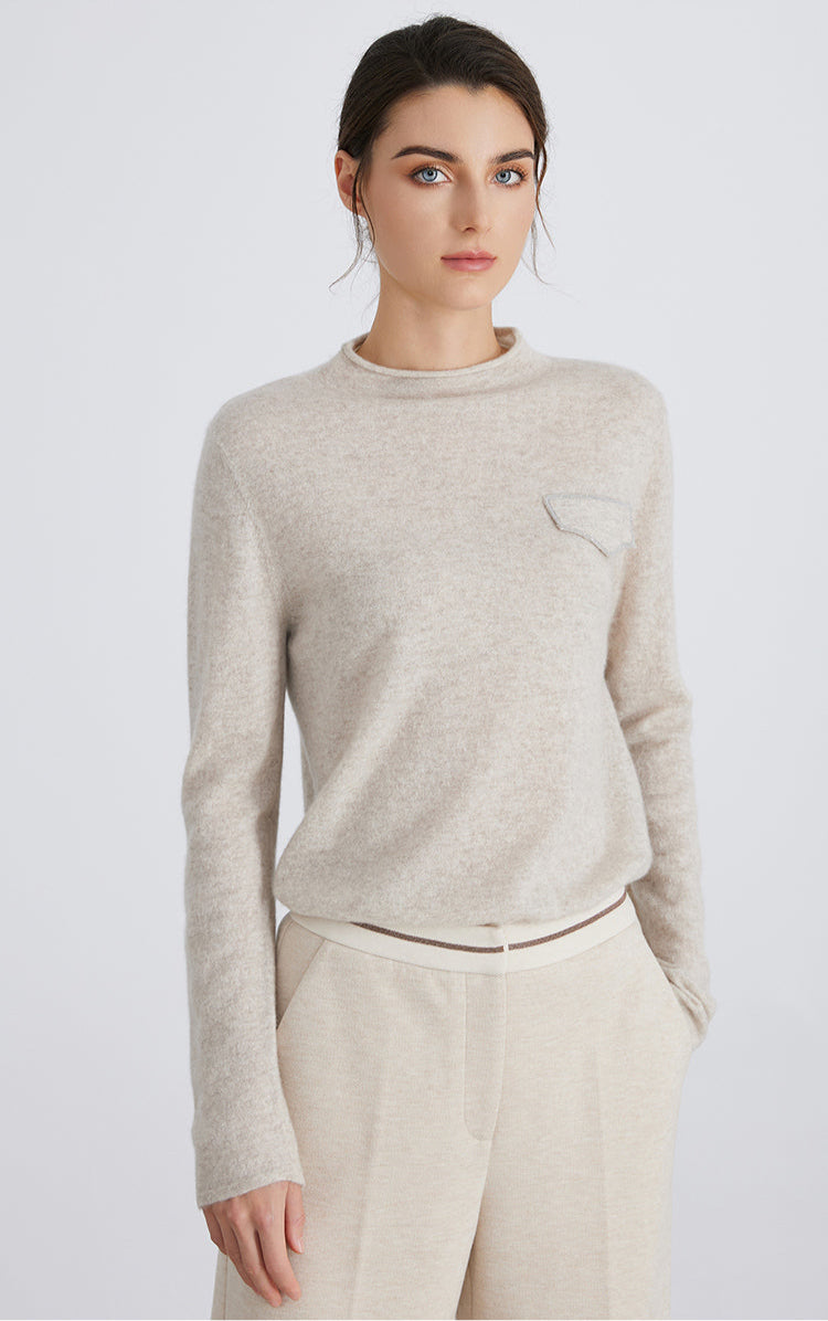 Saf Kaşmir Cep Detaylı Bisiklet Yaka Kazak
