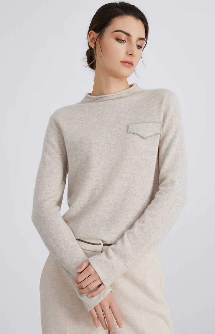 Saf Kaşmir Cep Detaylı Bisiklet Yaka Kazak
