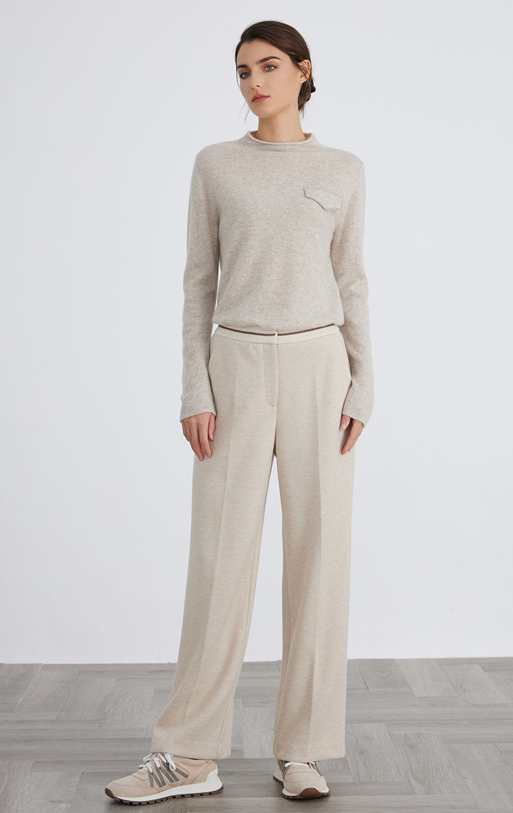 Saf Kaşmir Cep Detaylı Bisiklet Yaka Kazak