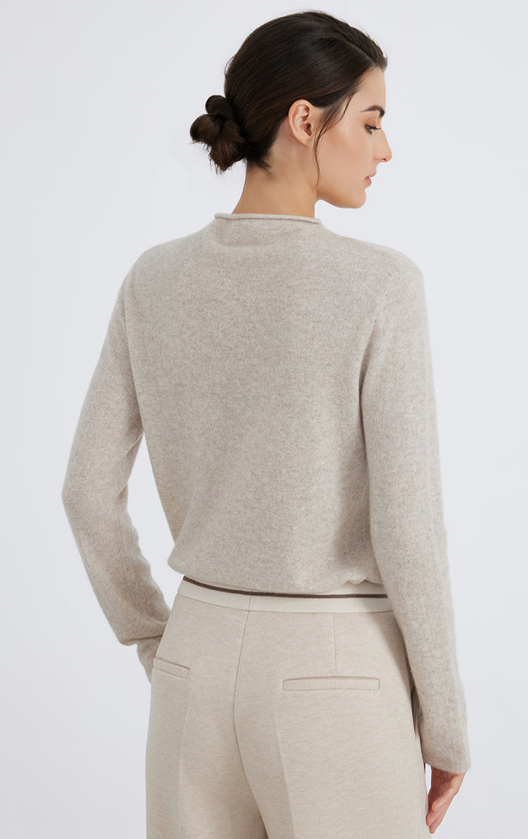 Saf Kaşmir Cep Detaylı Bisiklet Yaka Kazak