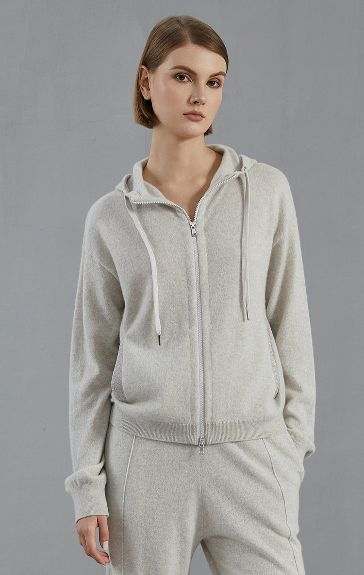 Saf Kaşmir Kapüşonlu Hırka