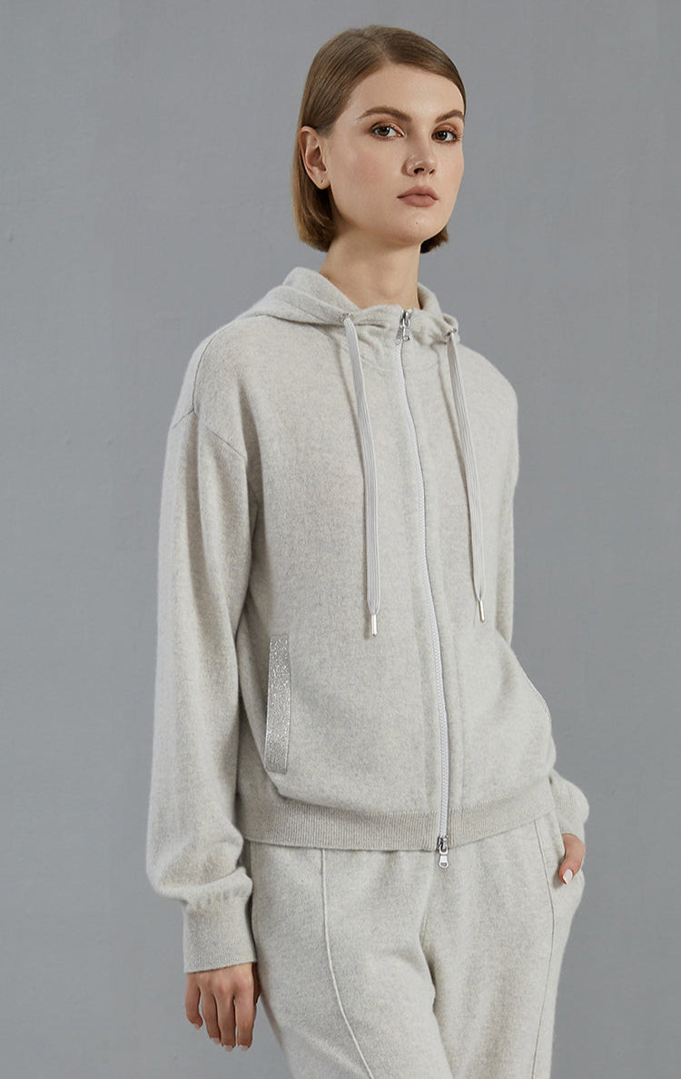 Saf Kaşmir Kapüşonlu Hırka