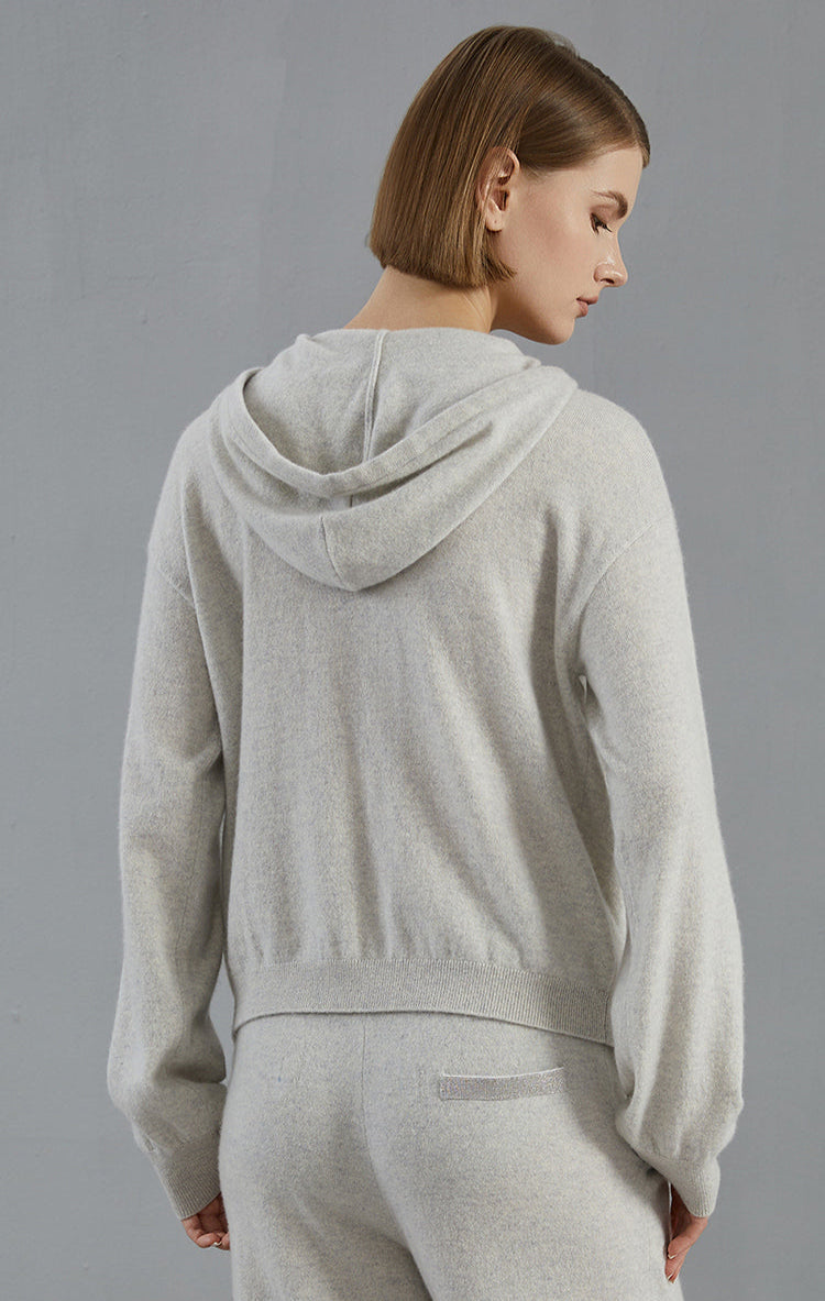 Saf Kaşmir Kapüşonlu Hırka