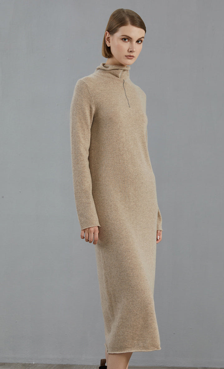 Saf Kaşmir Midi Elbise Fermuarlı Yaka