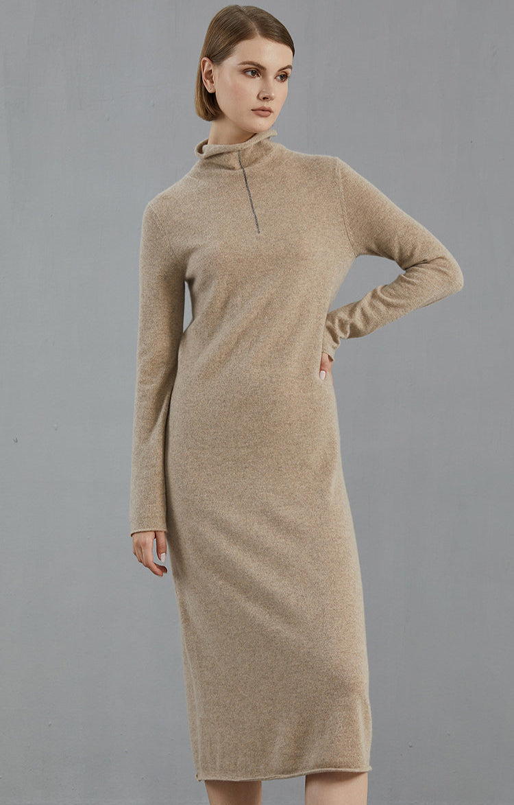 Saf Kaşmir Midi Elbise Fermuarlı Yaka