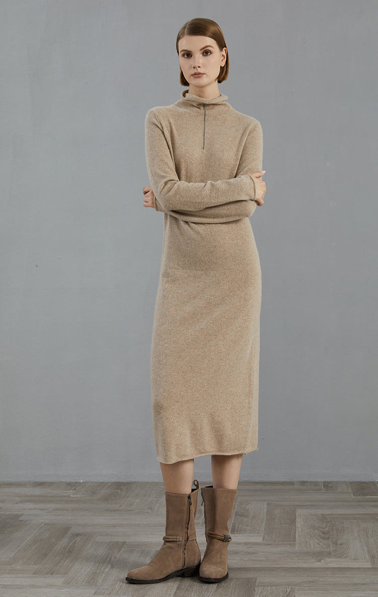 Saf Kaşmir Midi Elbise Fermuarlı Yaka