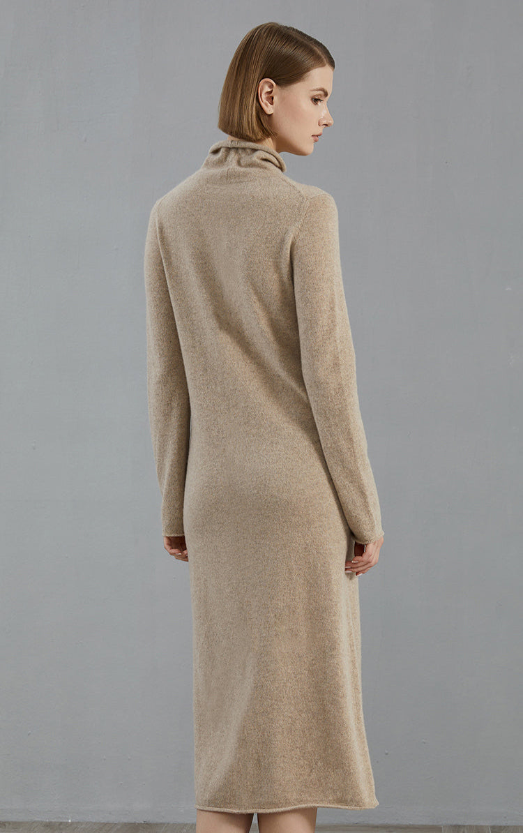 Saf Kaşmir Midi Elbise Fermuarlı Yaka