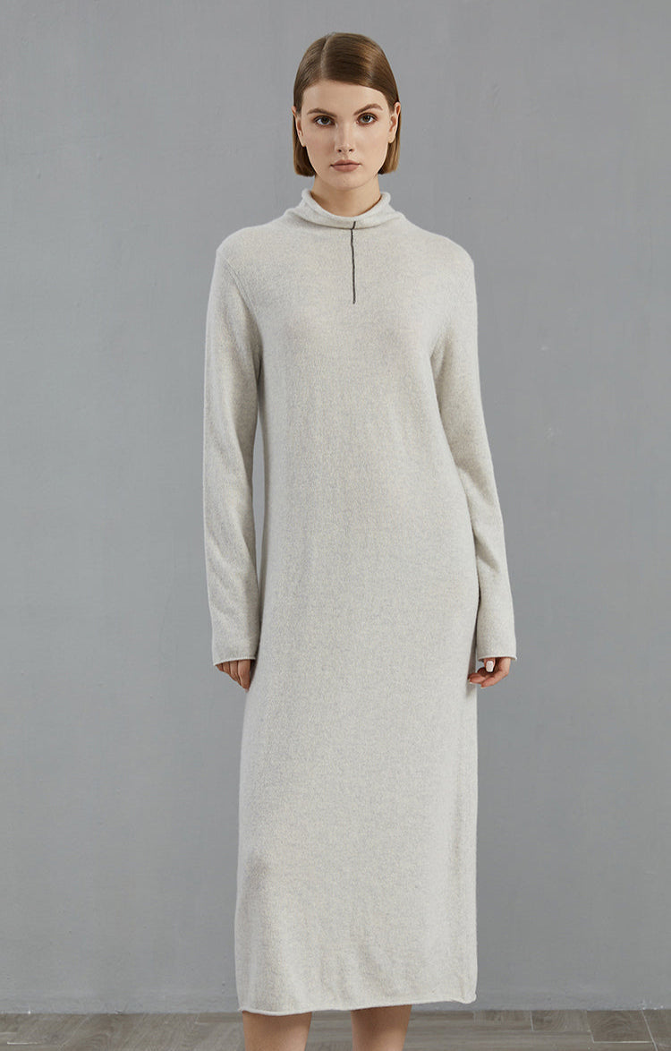Saf Kaşmir Midi Elbise Fermuarlı Yaka