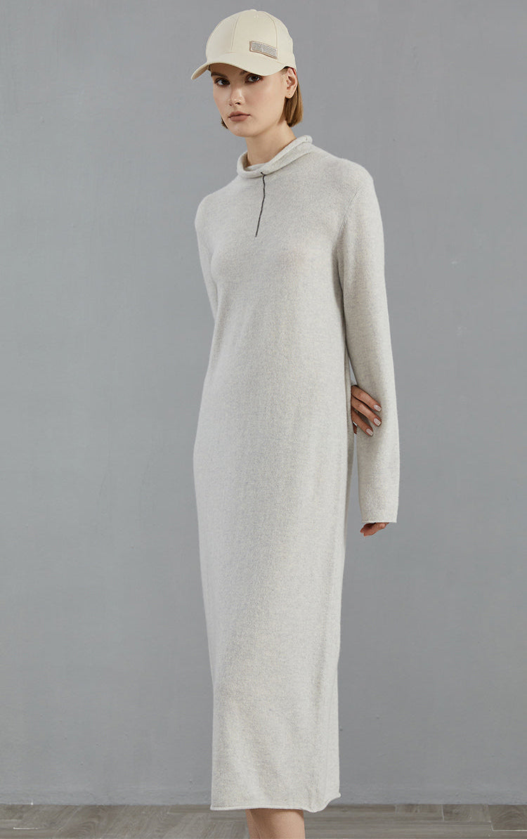 Saf Kaşmir Midi Elbise Fermuarlı Yaka