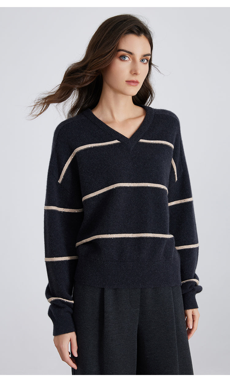 Saf Kaşmir V Yaka Çizgili Kazak