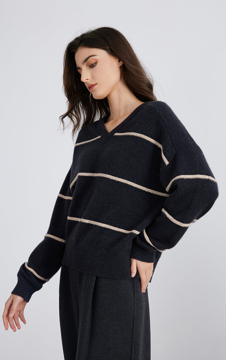 Saf Kaşmir V Yaka Çizgili Kazak