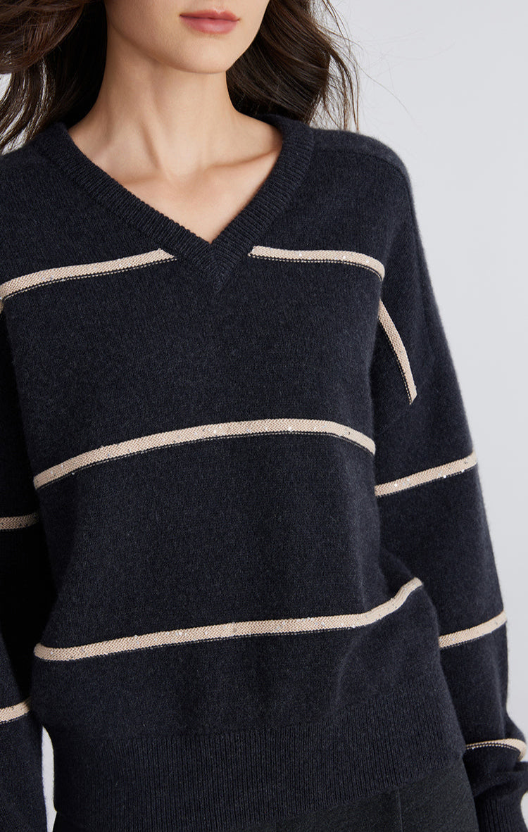 Saf Kaşmir V Yaka Çizgili Kazak