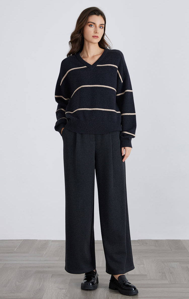 Saf Kaşmir V Yaka Çizgili Kazak