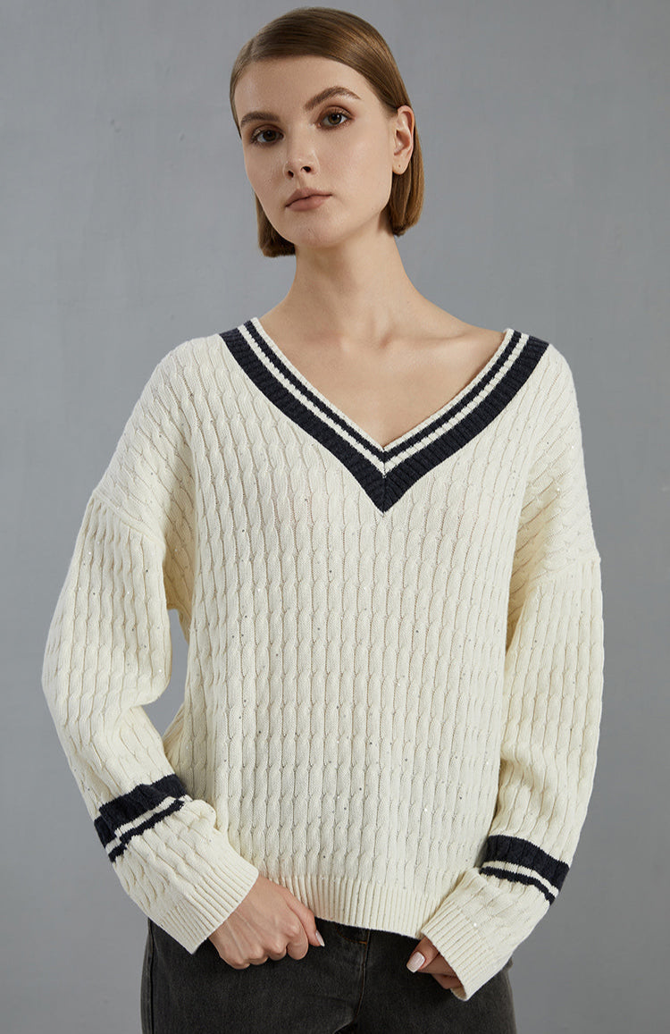 Merino Yünü V Yaka Çizgili Süveter