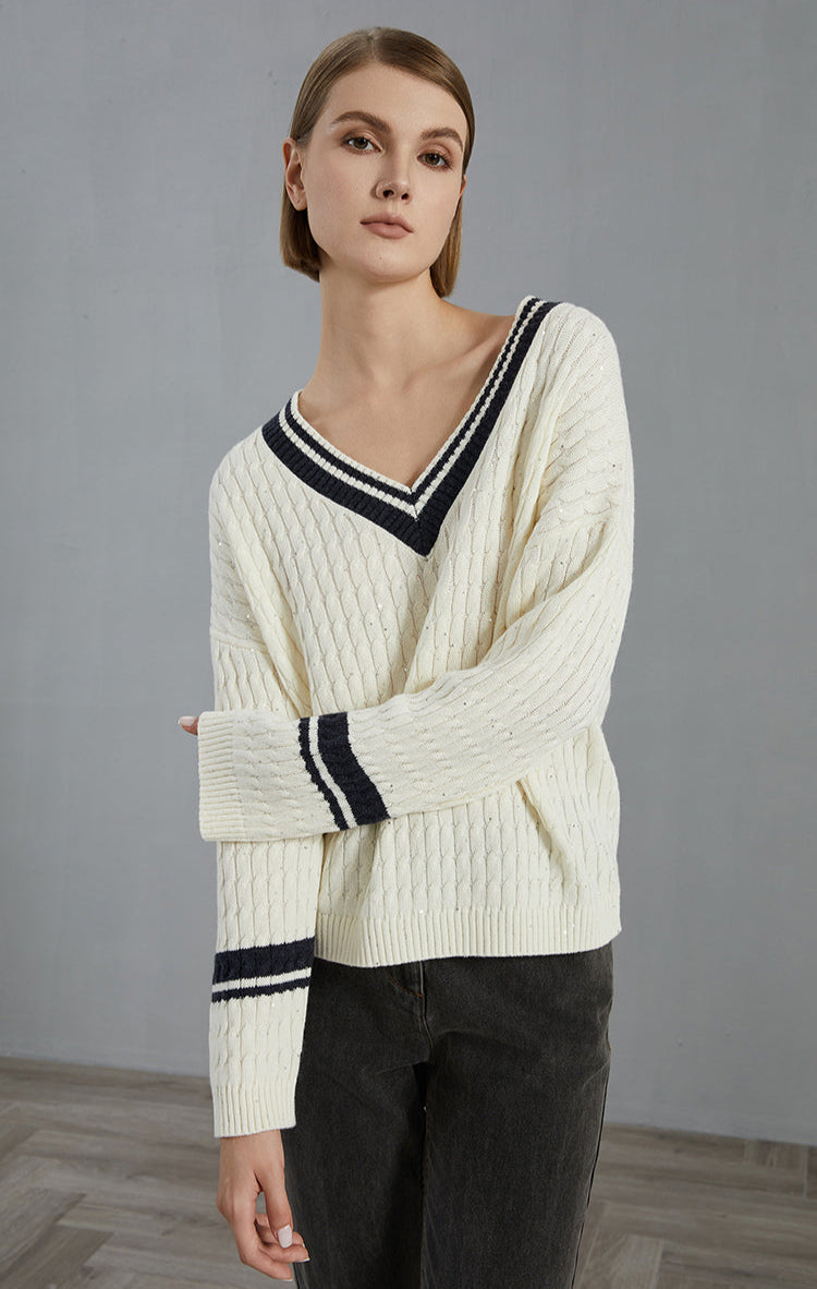Merino Yünü V Yaka Çizgili Süveter