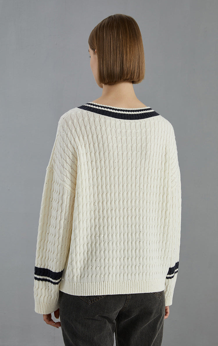 Merino Yünü V Yaka Çizgili Süveter