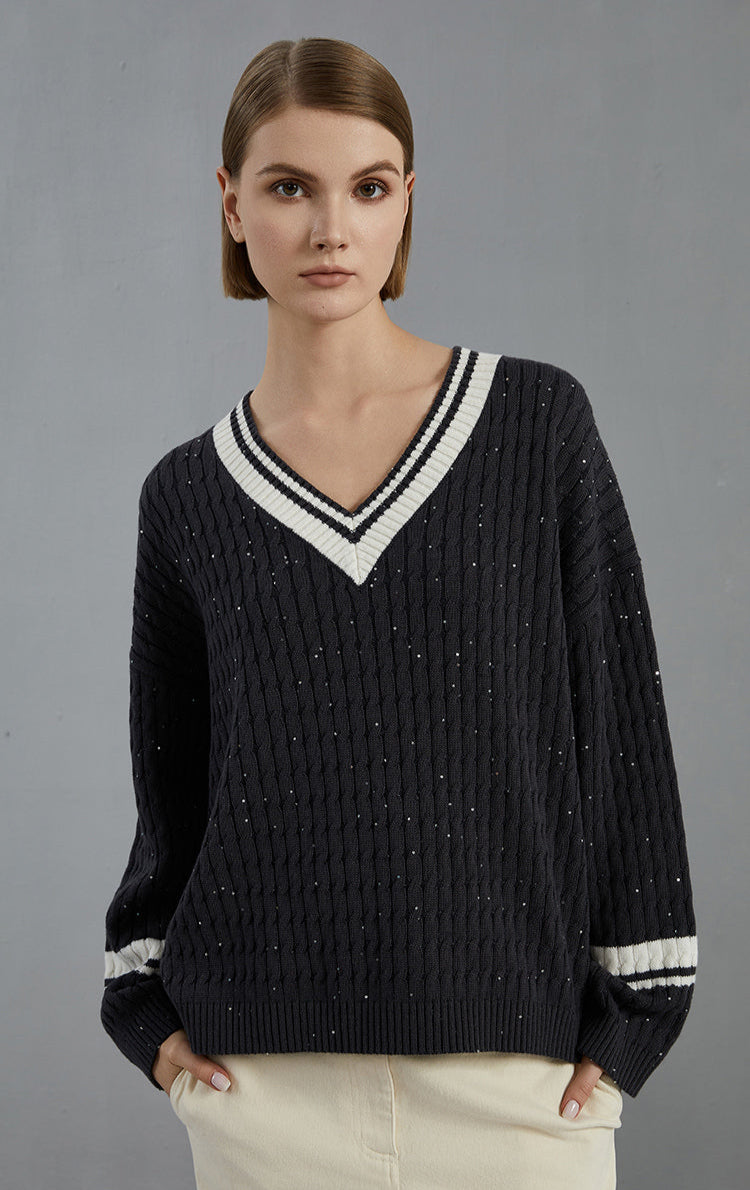 Merino Yünü V Yaka Çizgili Süveter