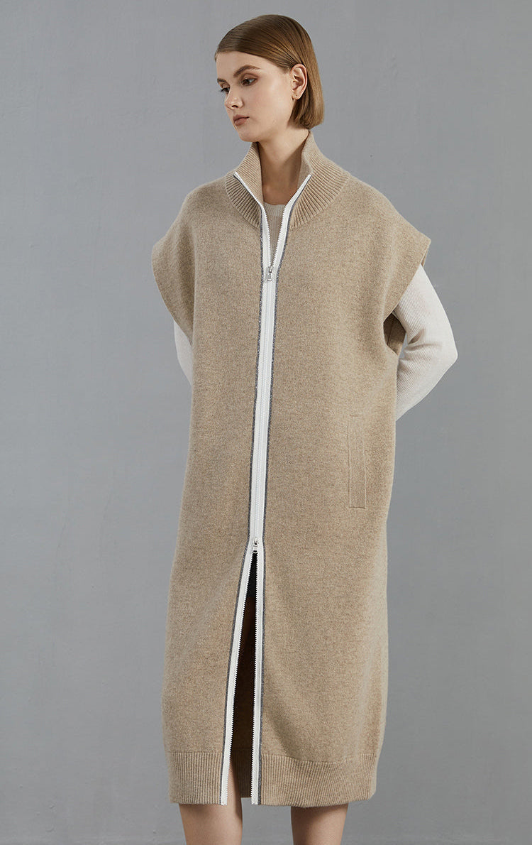 Saf Kaşmir Fermuarlı Kolsuz Uzun Hırka