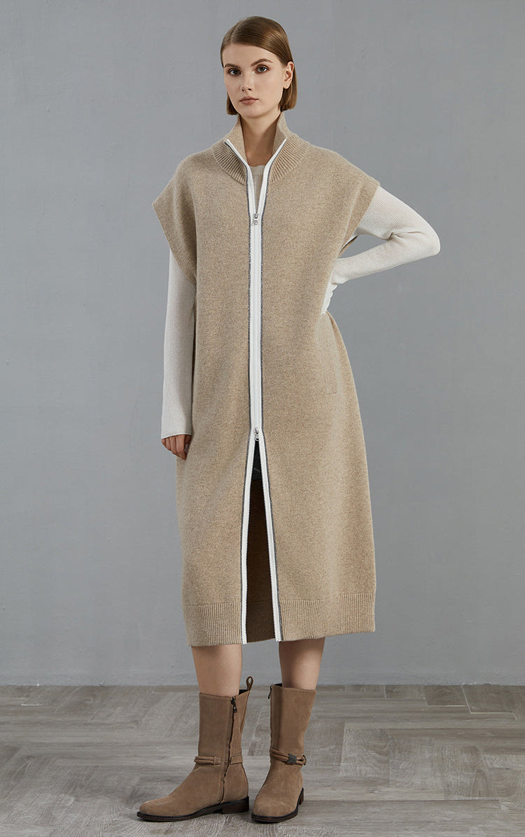 Saf Kaşmir Fermuarlı Kolsuz Uzun Hırka