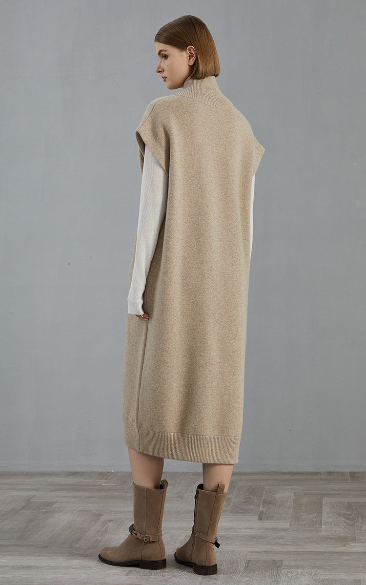 Saf Kaşmir Fermuarlı Kolsuz Uzun Hırka