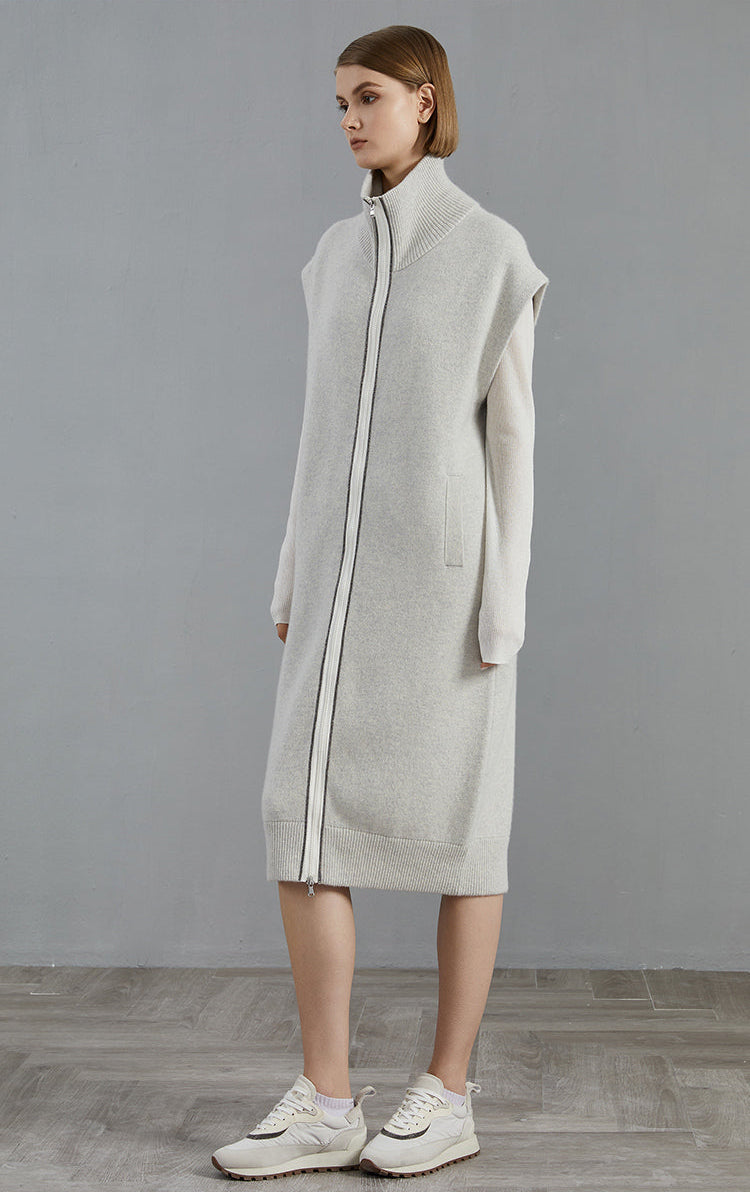 Saf Kaşmir Fermuarlı Kolsuz Uzun Hırka