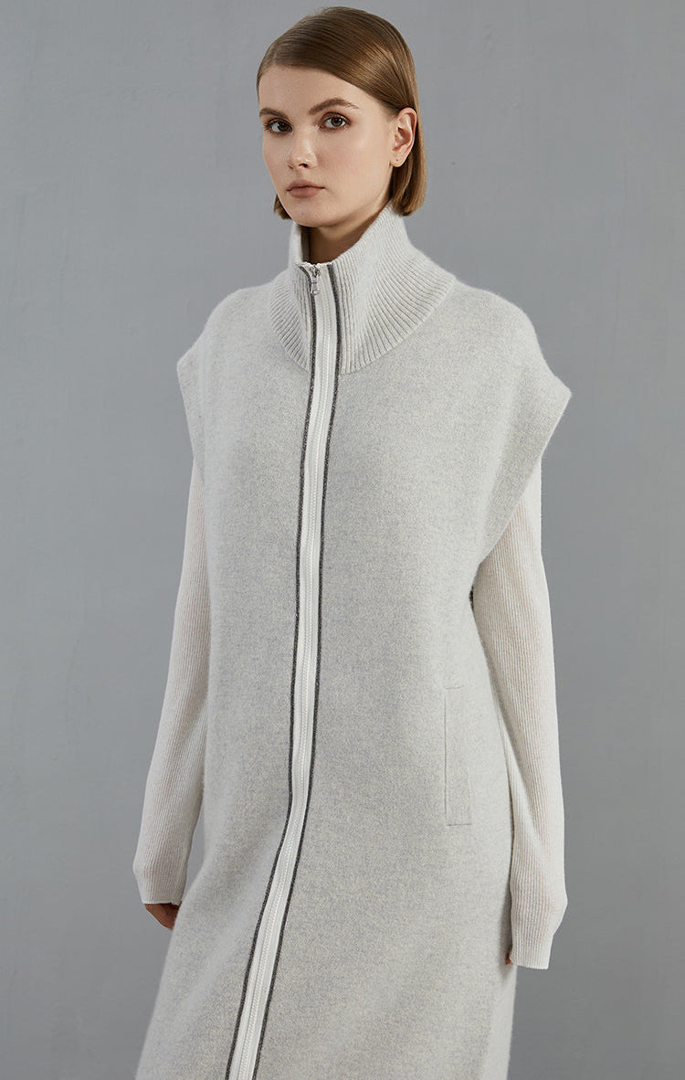 Saf Kaşmir Fermuarlı Kolsuz Uzun Hırka