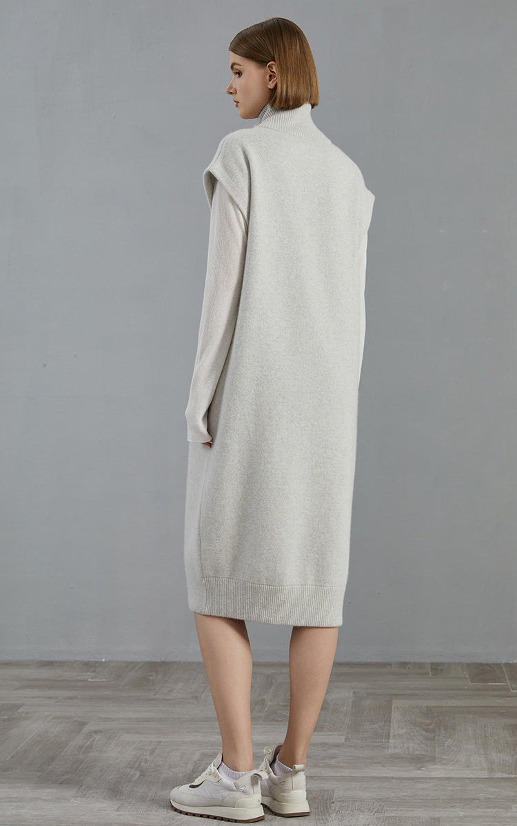 Saf Kaşmir Fermuarlı Kolsuz Uzun Hırka