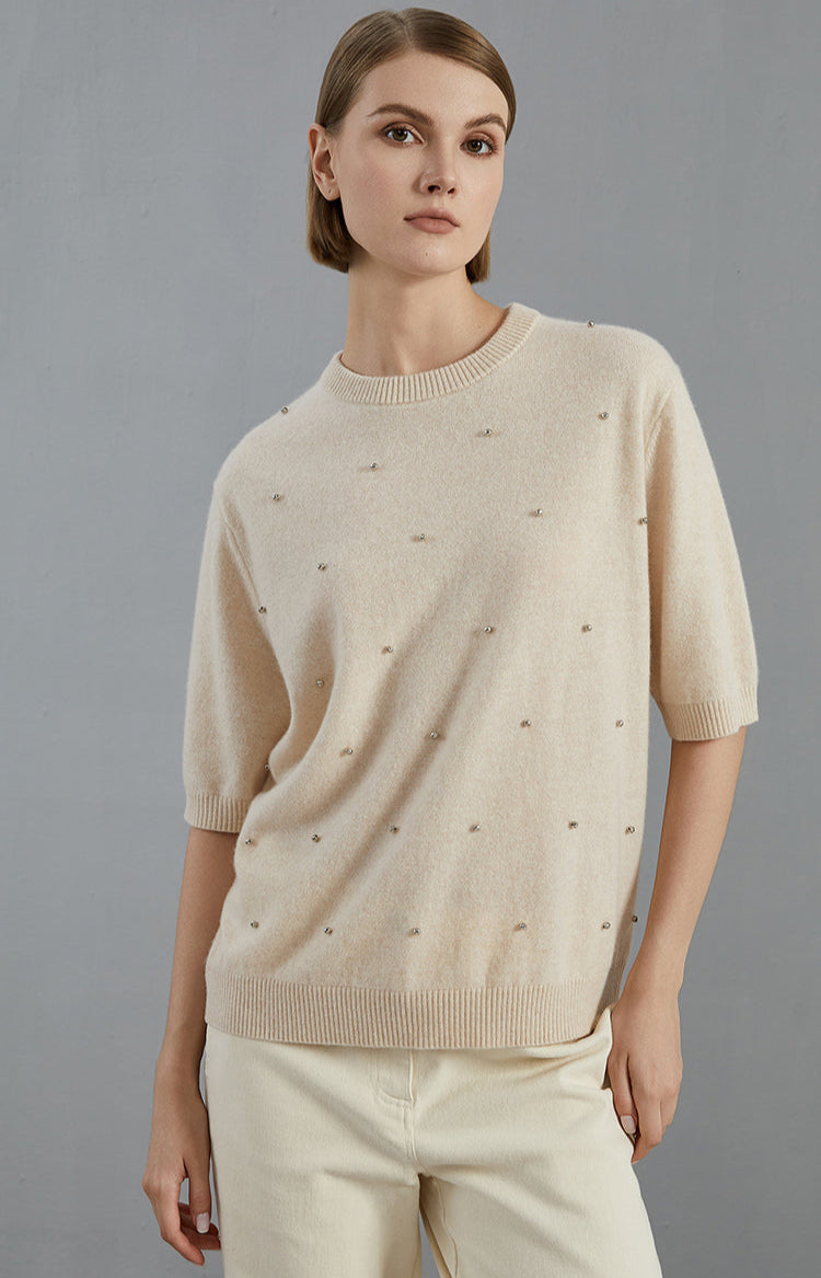 Saf Kaşmir İşlemeli Kazak