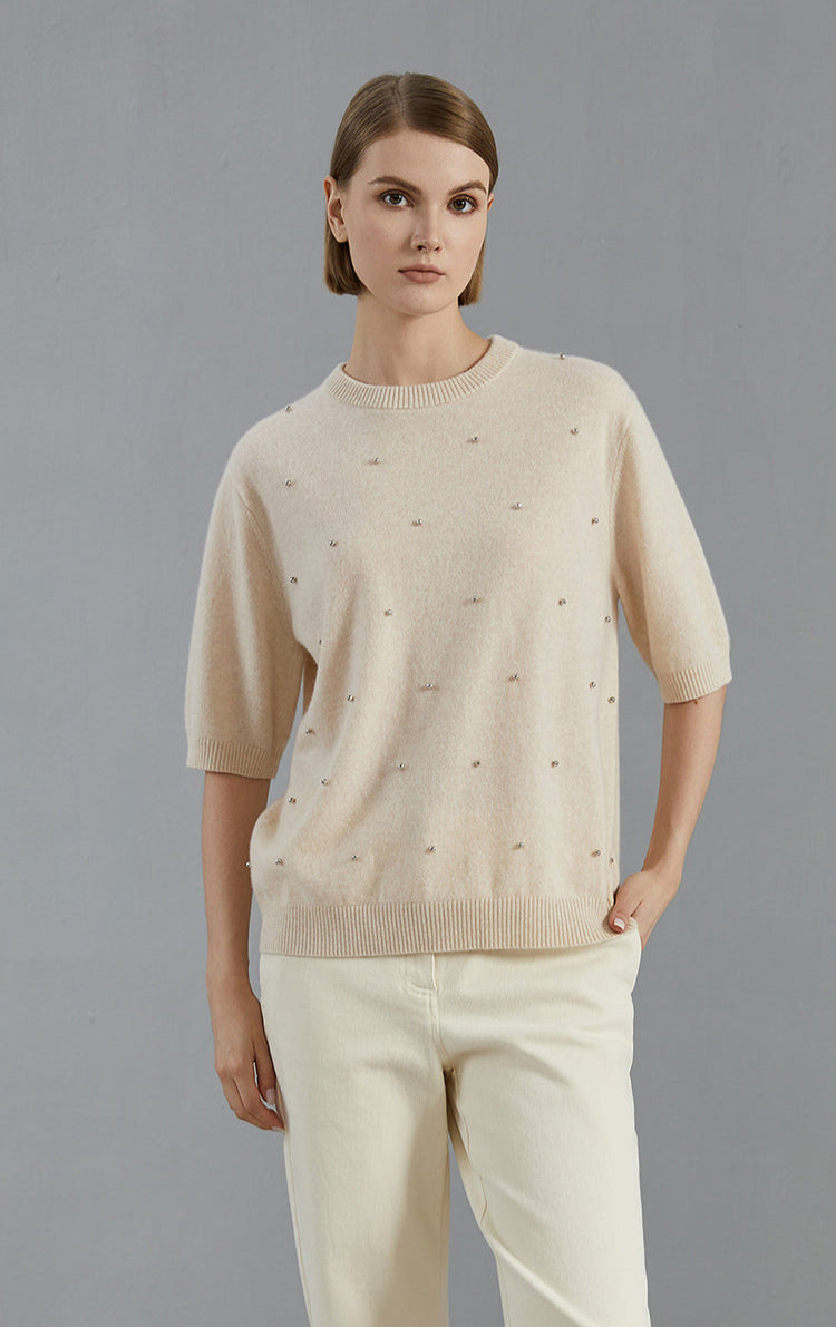 Saf Kaşmir İşlemeli Kazak